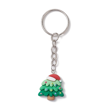 Christmas Resin Kechain, with Iron Split Key Rings, Christmas Tree, Platinum, 8.3cm