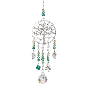 Alloy Tree of Life Pendant Decoration, Glass Round Tassel for Home Garden Outdoor Hanging Ornaments, Antique Silver, 298mm