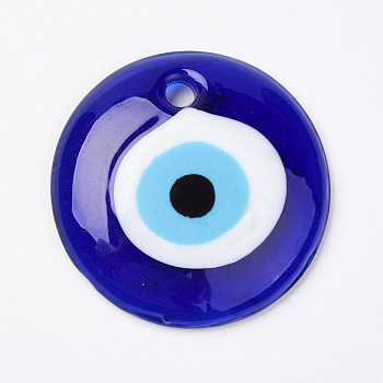 Handmade Lampwork Evil Eye Pendants, Flat Round, Blue, 50x8~10mm, Hole: 4.5~5.5mm