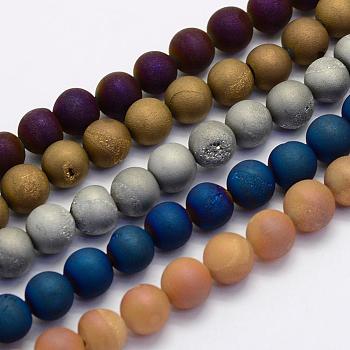 Electroplate Natural Druzy Agate Beads Strands, Dyed, Round, Frosted, Mixed Color, 10mm, Hole: 1mm, about 38pcs/strand, 15.7 inch(40cm)
