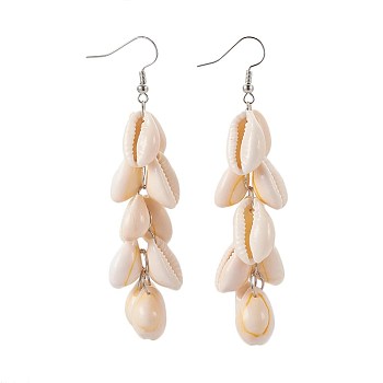 Cowrie Shell Beads Dangle Earrings, with 304 Stainless Steel Earring Hooks and Iron Jump Ring, 84~86mm, pin: 0.7mm