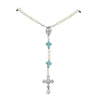 Synthetic Magnesite Rosary Bead Necklaces, Synthetic Turquoise & Alloy Cross Pendant Necklace, Antique Silver, 23.62 inch(60cm)