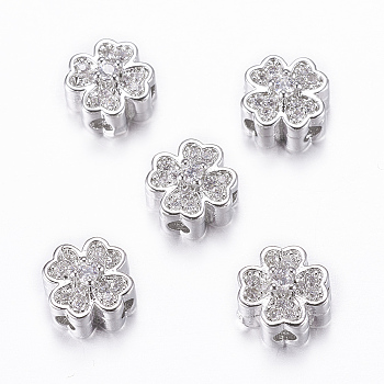 Rack Plating Brass Micro Pave Cubic Zirconia Beads, Flower, Clear, Real Platinum Plated, 8x5mm, Hole: 1.5mm