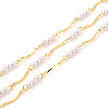 Handmade Brass Link Chains, with ABS Imitation Pearl Round Beads, Long-Lasting Plated, Soldered, with Spool, Curved Bar, Golden
, White, Link: 15x2.5x1mm, 10.5x4mm