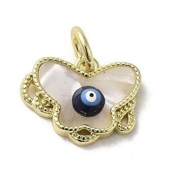 Evil Eye Enamel Shell Brass Butterfly Charms with Jump Rings, Real 18K Gold Plated, Black, 11.5x15x3mm, Hole: 3.8mm