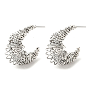 Brass Crescent Moon Stud Earrings, Wire Wrap Half Hoop Earrings, Platinum, 25.5x13mm