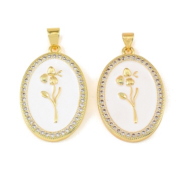 Brass Micro Pave Clear Cubic Zirconia Pendants, with White Enamel, Oval with Flower Charms, Golden, 33x21x3mm, Hole: 6x4mm