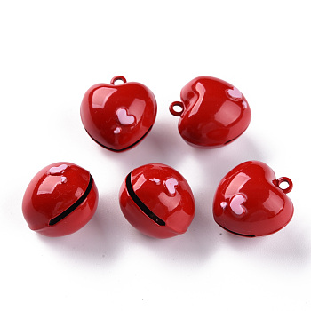 Baking Painted Brass Bell Pendants, Heart, Red, 21.5x20x17mm, Hole: 2mm