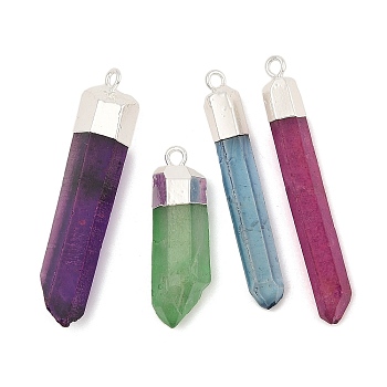 Natural Quartz Crystal Pointed Pendants, Bullet Shape, Dyed, with Platinum Brass Finding, Mixed Color, 35~53x7~13x5.5~10mm, Hole: 2.5mm