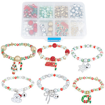 DIY Christmas Bracelet Making Kit, Including Rondelle & Oval & Strawberry CCB Plastic & Polymer Clay Rhinestone & Glass Beads, Word & Tree & Candy Cane Alloy Pendants, Mixed Color, 275Pcs/box