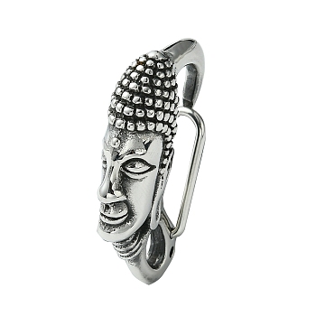 304 Stainless Steel Spring Gate Rings, Buddha Head, Antique Silver, 46.5x11.5x27.5mm, Hole: 9x5mm