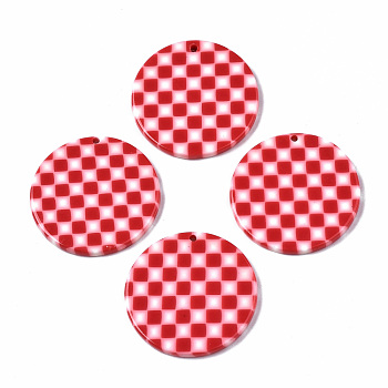 Opaque Cellulose Acetate(Resin) Pendants, Flat Round with Grid Pattern, Red, 27.5x27.5x2.5mm, Hole: 1.4mm