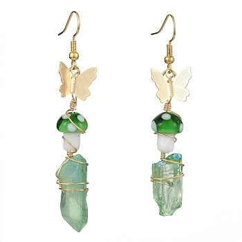 Dyed Natural Quartz Crystal Nugget & Mushroom Lampwork Dangle Earrings, Golden Brass Butterfly Long Drop Earrings, Green, 63~75x6.5~11mm