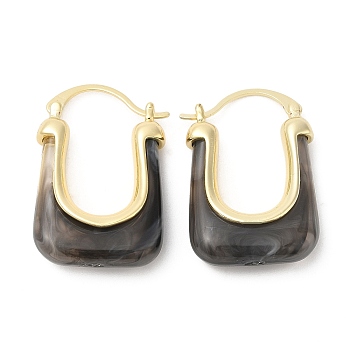 Real 16K Gold Plated Brass Hoop Earrings, Resin Imitation Gemstone Earrings for Women, Black, 34x23x9mm