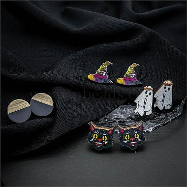 Halloween Whitch Hat Ghost Cat Wood Stud Earring Sets(EJEW-OY002-03)-3