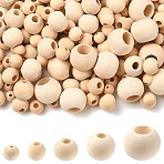 400Pcs 5 Styles Natural Unfinished Wood Beads, Macrame Beads, Round Wooden Large Hole Beads for Craft Making, with 1 Bundle Jute Cord, Antique White, 8~20mm, Hole: 2~10mm(WOOD-YW0001-64)
