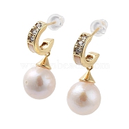 Natural Pearl Dangle Stud Earrings, with Brass Micro Pave Cubic Zirconia Findings and 925 Sterling Silver Pins, Round, Real 14K Gold Plated, 26x10mm(EJEW-P256-38G)