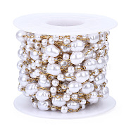 ABS Plastic Pearl Beaded Chains, with Golden 316 Stainless Steel Cable Chains, Soldered, with Spool, Creamy White, 7.5x6.5mm, about 16.40 Feet(5m)/Roll(CHS-N003-15)