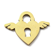 Ion Plating(IP) 316L Surgical Stainless Steel Pendants, Laser Cut, Heart Lock with Wing Charm, Real 18K Gold Plated, 13x17x1mm, Hole: 3.3X2.6mm(STAS-M317-18G)