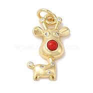 Rack Plating Brass Micro Pave Cubic Zirconia Enamel Pendants, with Jump Ring, Long-Lasting Plated, Lead Free & Cadmium Free, Real 18K Gold Plated, Deer, Red, 19.5x10x4.5mm, Hole: 3.5mm(KK-K377-88G-02)