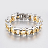 Men's 201 Stainless Steel Bracelets, Motorcycle Chain Bracelets, Golden & Stainless Steel Color, 9 inch(230mm), 17x9mm(BJEW-H569-17MM-E)