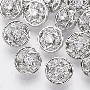 Brass Shank Buttons, with Micro Pave Cubic Zirconia, Flat Round with Star, Clear, Platinum, 10x7mm, Hole: 1.4mm(BUTT-S025-034)