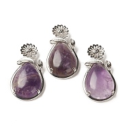 Natural Amethyst Pendants, with Brass Findings, Flower with Teardrop, 56x28x8mm, Hole: 5x2.5mm(G-A031-02P-01)
