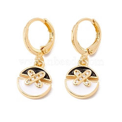 Enamel Flat Round Dangle Leverback Earrings with Clear Cubic Zirconia, Real 18K Gold Plated Brass Drop Earrings, Lead Free & Cadmium Free, Black, 26.5mm, Pin: 0.8x1mm(EJEW-F282-13G)