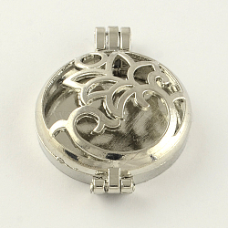 Rack Plating Hollow Brass Diffuser Locket Pendants, Flat Round with Flower, Platinum, 44x33x11mm, Hole: 3.5~4mm, Inner measure: 30mm(KK-S650-P)
