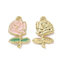 Rack Plating Alloy Enamel Pendants, Light Gold Tone Flower/Rose Charms, Pink, 22x14x2.5mm, Hole: 1.5mm(PALLOY-O109-14LG-01)