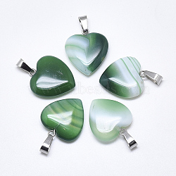 Natural Banded Agate/Striped Agate Pendants, Dyed, with Stainless Steel Snap On Bails, Heart, Stainless Steel Color, Green, 22~24x20~21x5~7mm, Hole: 3~4x7~8.5mm(X-G-T122-24C)