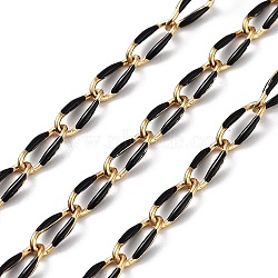 304 Stainless Steel Handmade Beaded Chain, with Enamel, with Spool, Soldered, Real 18K Gold Plated, Oval, Black, 9x4x1mm, about 16.40 Feet(5m)/Roll(CHS-K019-02G-02)