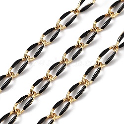 Ion Plating(IP) 304 Stainless Steel Handmade Beaded Chain, with Enamel, with Spool, Soldered, Real 18K Gold Plated, Oval, Black, 9x4x1mm, about 16.40 Feet(5m)/Roll(CHS-K019-02G-02)