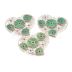 Iron Enamel Pendants, Heart Big Pendants with Flower Pattern, Light Gold, Sea Green, 54x65x1mm, Hole: 2mm(IFIN-J090-03KCG)
