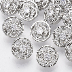 Brass Shank Buttons, with Micro Pave Cubic Zirconia, Flat Round with Star, Clear, Platinum, 10x7mm, Hole: 1.4mm(BUTT-S025-034)