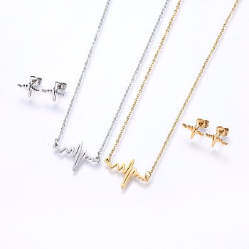 304 Stainless Steel Jewelry Sets, Stud Earrings and Pendant Necklaces, Heartbeat, Mixed Color, Necklace: 18.9 inch(48cm), Stud Earrings: 9x12x1.2mm, Pin: 0.8mm