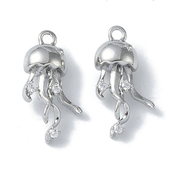 Ocean Collection Theme Jewelry, Brass with Cubic Zirconia Charms, Real Platinum Plated, Jellyfish, 17x9x5mm, Hole: 1.2mm