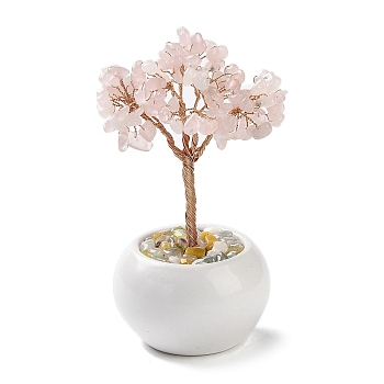 Natural Rose Quartz Chips Tree Decorations, Ceramic Bowl Base Copper Wire Feng Shui Energy Stone Gift for Home Desktop Decoration, 65~68x130~135mm