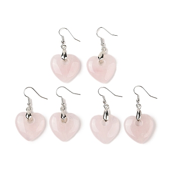 Natutal Rose Quartz  Dangle Earrings, with Rack Plating Brass Earring Hooks, Lead Free & Cadmium Free, Heart, 47x23mm