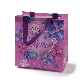 Mother's Day Theme Printed Flower Non-Woven Reusable Folding Gift Bags with Handle, Portable Waterproof Shopping Bag for Gift Wrapping, Rectangle, Medium Orchid, 11x21.5x23cm, Fold: 28x21.5x0.1cm