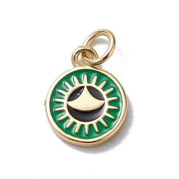 Brass Enamel Charms, Cadmium Free & Lead Free, Real 18K Gold Plated, Long-Lasting Plated, with Jump Ring, Flat Round with Sun Charm, Green, 11x10x1.5mm, Hole: 3mm