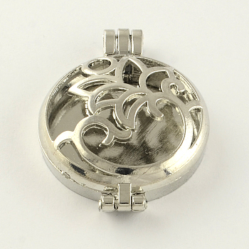 Rack Plating Hollow Brass Diffuser Locket Pendants, Flat Round with Flower, Platinum, 44x33x11mm, Hole: 3.5~4mm, Inner measure: 30mm
