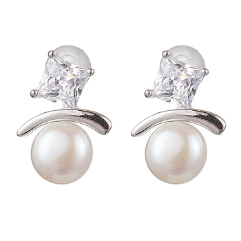 Natural Pearl Ear Studs, with Sterling Silver Micro Pave Clear Cubic Zirconia Findings, Round, Platinum, 15.5x11.5mm