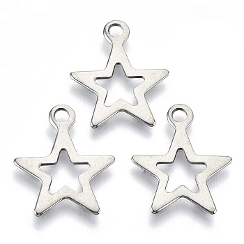 201 Stainless Steel Pendants, Cut-Out, Laser Cut, Hollow, Star, Stainless Steel Color, 17x14x1mm, Hole: 1.4mm
