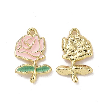 Rack Plating Alloy Enamel Pendants, Light Gold Tone Flower/Rose Charms, Pink, 22x14x2.5mm, Hole: 1.5mm