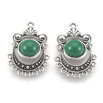 Antique Silver Alloy Chandelier Components Links, with Half Round Resin Cabochons, Sea Green, 32x21x5mm, Hole: 1mm and 2mm