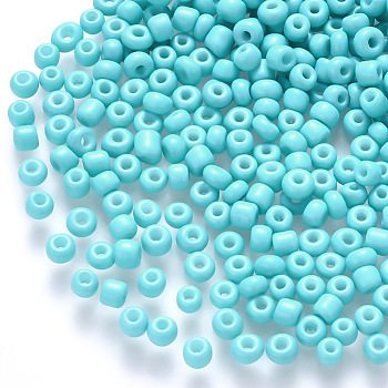 8/0 Baking Paint Glass Round Seed Beads, Cyan, 3~3.5x2mm, Hole: 1~1.2mm, about 10000pcs/pound