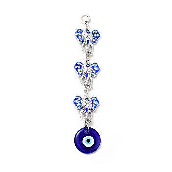 3 Elephants Pendant Decorations, Handmade Lampwork & CCB Plastic Evil Eye Hanging Ornaments, Blue, 226mm, Hole: 11mm