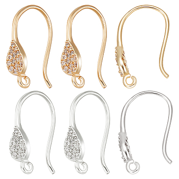 12Pcs 2 Colors Brass Micro Pave Clear Cubic Zirconia Earring Hooks, with Horizontal Loops, Teardrop, Platinum & Golden, 16x10x4.5mm, Hole: 1mm, Pin: 0.9mm, 6pcs/color