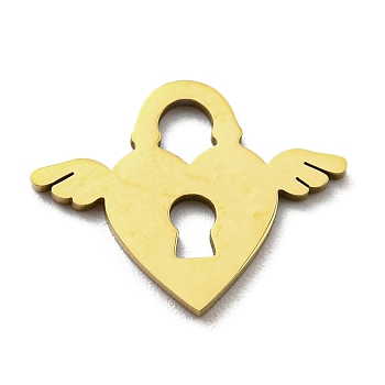 Ion Plating(IP) 316L Surgical Stainless Steel Pendants, Laser Cut, Heart Lock with Wing Charm, Real 18K Gold Plated, 13x17x1mm, Hole: 3.3X2.6mm